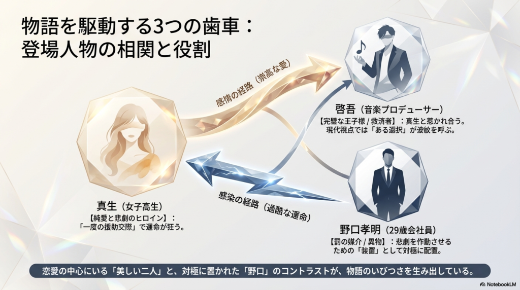 啓吾（救済者）、真生（ヒロイン）、野口（罰の媒介）の3人が歯車として配置された相関図 。美しい二人と、対極に置かれた野口のコントラストが物語のいびつさを生んでいることを示す 。