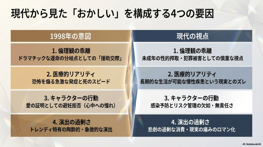 1998年当時の意図と現代の視点を「倫理観」「医療的リアリティ」「キャラクターの行動」「演出」の4項目で比較した表 。現代では未成年保護や慢性疾患としての理解が重視される変化を示している 。