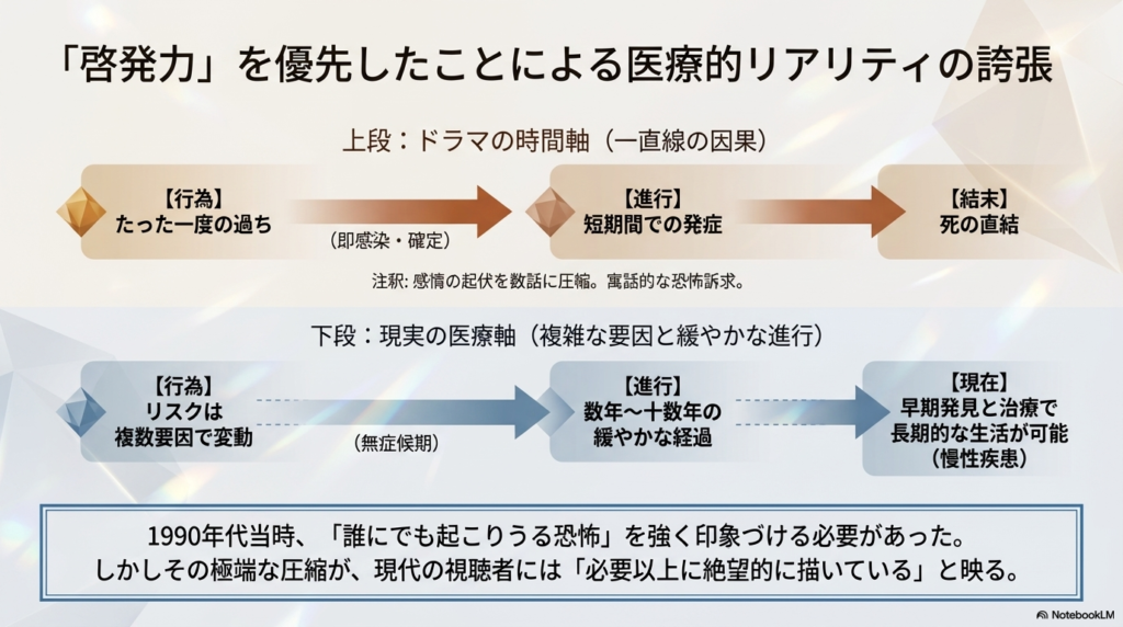 ドラマでの「即感染・即発症・死への直結」という極端に圧縮された描写と 、現実の「緩やかな経過・長期的な生活」という慢性疾患としての医療的現実を比較した図 。