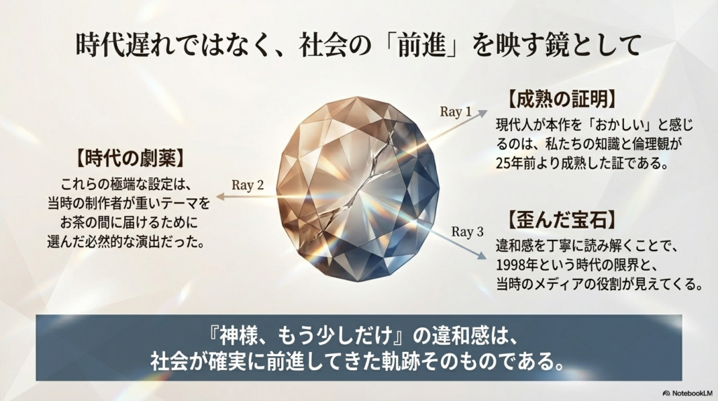 本作を「歪んだ宝石」と呼び 、現代の視聴者が感じる違和感こそが、25年間で私たちの知識と倫理観が成熟した証であると結論づけるスライド 。
